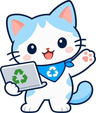 パソコンを持って案内する、当サイトのキャラクター「エコにゃん」